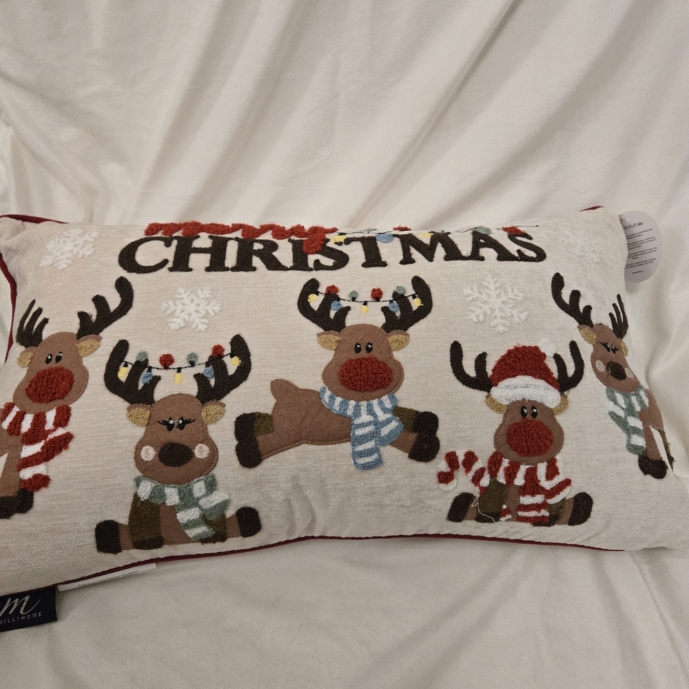 Millihome Festive Merry Christmas Reindeer Holiday Pillow - Red, White, Brown